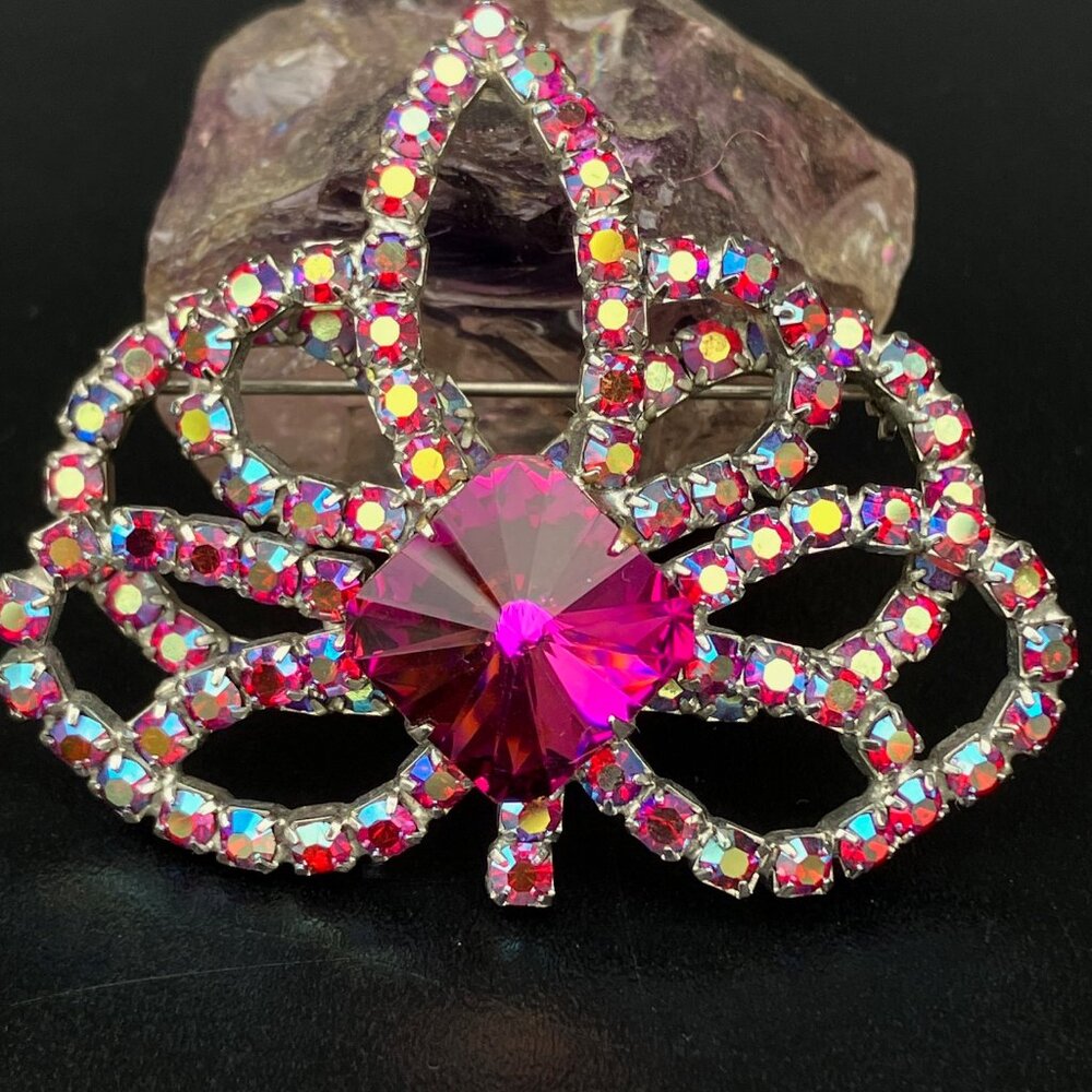 Fuchsia Pink Aurora Borealis Ravioli Rhinestone Flower Brooch